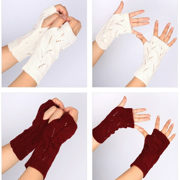 MLINS Women's Winter Warm Knitted Crochet Gloves Long Fingerless Arm Warmers Gloves Mittens with Thumb Hole (White)