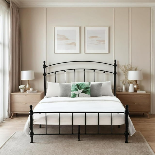 Queen Size Bed Frame, Metal Platform Bed with Arched Headboard,Retro Luxury Roman Column, Easy Set up, No Box Spring Needed, Storage Space Under-Bed(Queen)