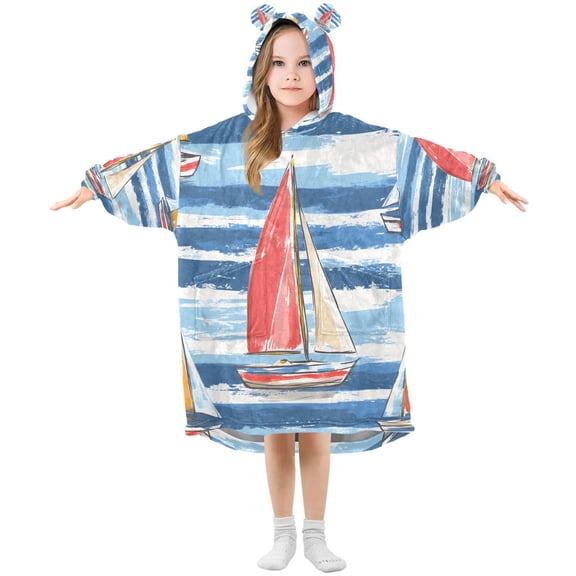 FORMRS Wearable Blanket Hoodie with Sleeves for Kids Cozy Flannel Sweatshirt, Red Sailboats