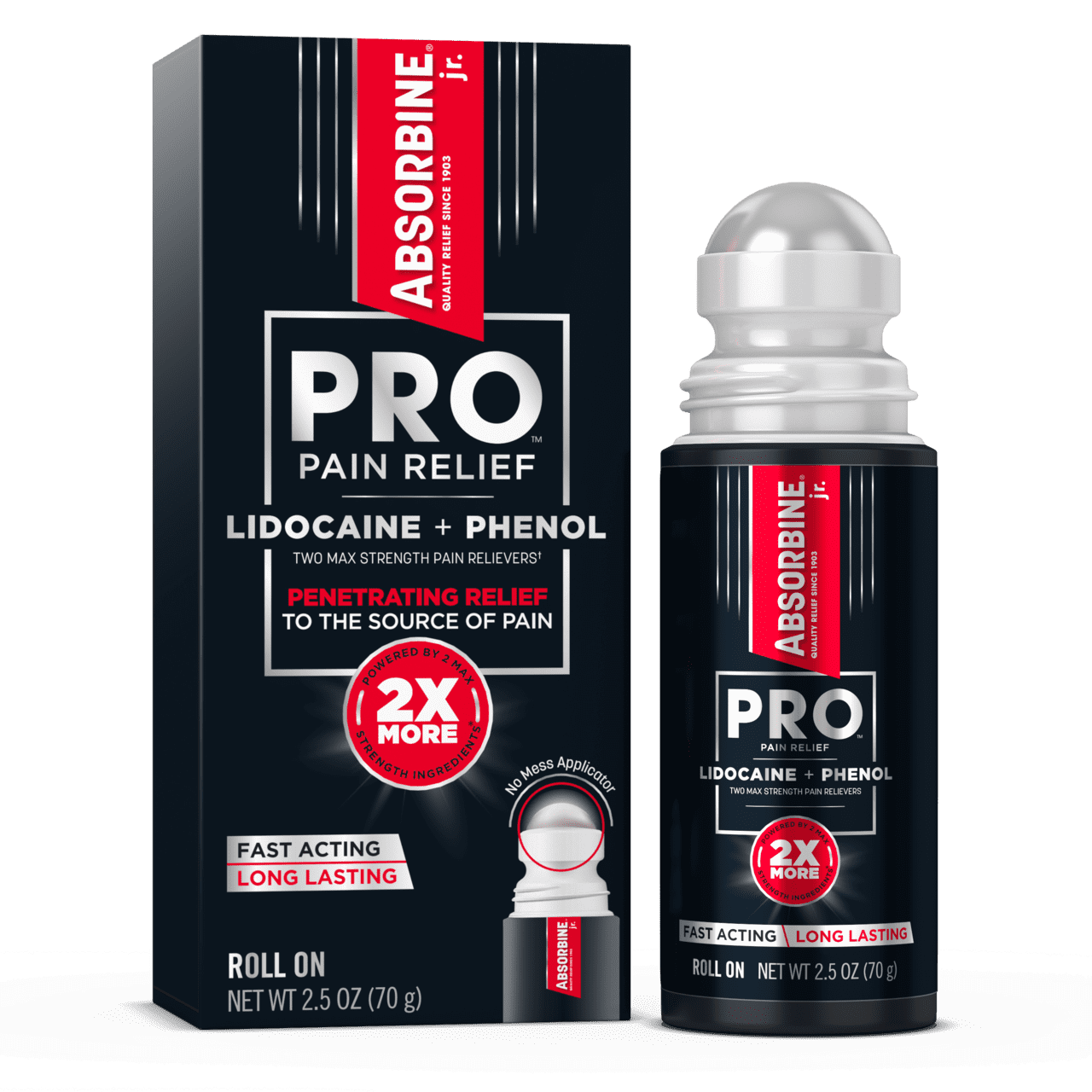 Absorbine Jr. Pro Max Strength Lidocaine Pain Relief Roll-on, Fast Acting, 2.5 oz
