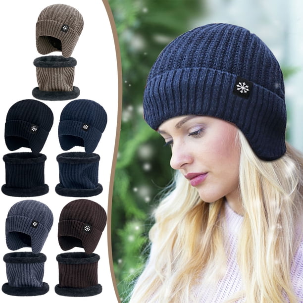 Calor Invernal Conjunto de gorro y bufanda de invierno con orejeras,gorro de punto grueso de terciopelo y bufanda a juego para hombre (negro,1 pieza). Rkxzt