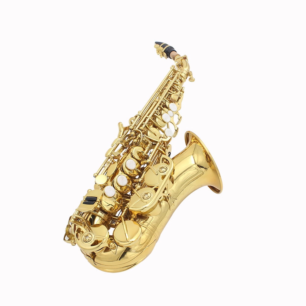 Golden Brass Bb Bend Soprano Saxophone with Carved Pattern, Pearl White Shell Buttons, Case, Gloves, Cleaning Cloth, and Belt - Althorn Wind Instrument