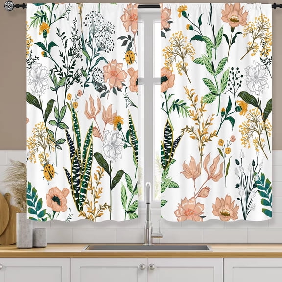Pink Green Flower Kitchen Curtains Rod Pocket Floral Small Short Cafe Curtains Girly Window Treatment Drapes Home Decor(27.5W X 39L Inch 2 Panels)