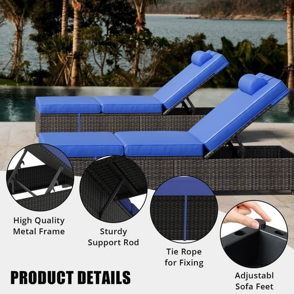 Accreate Outdoor Chaise Lounge Chairs, Outside Patio Furniture Set of 2, 6-Level Adjustable Backrest Lounger for Backyard, Garden, Blue Cushion