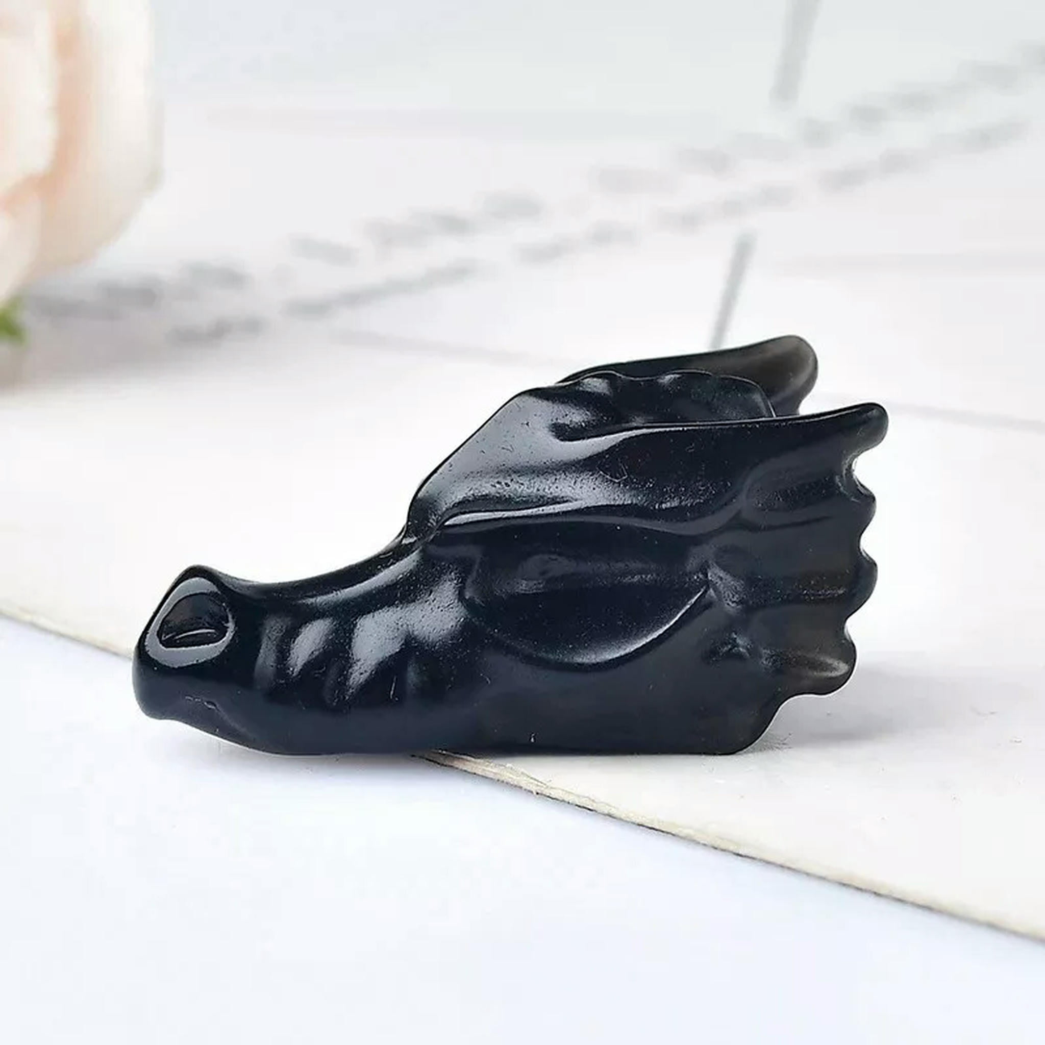 EOEMY 10Pcs Natural Black Obsidian Quartz Crystal Dragon Head Skull Carved Mini Statue