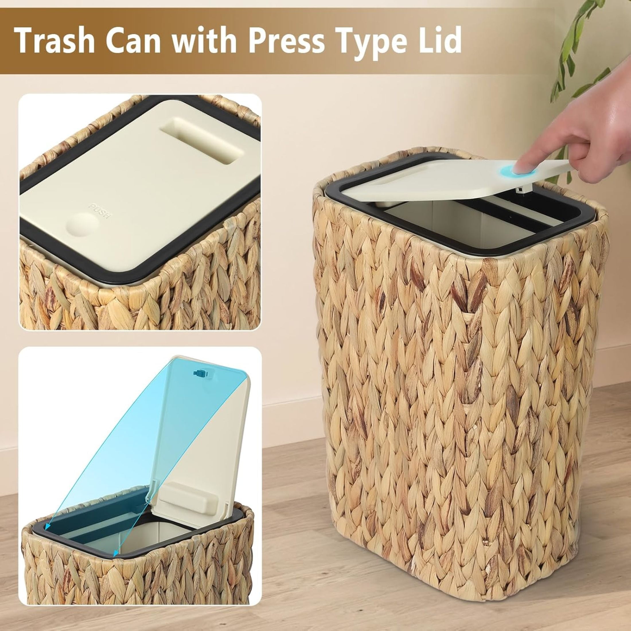Noble House 2.6 Gallon Boho Rattan Bathroom Trash Can with Press Top Lid, Slim Lidded Wastebasket, Light Brown
