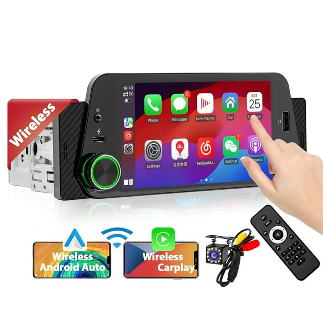 EstéReo para AutomóVil de un Solo DIN con CarPlay/Android Auto InaláMbrico, Radio con Pantalla TáCtil, Bluetooth, CáMara de Respaldo, Mirror-Link