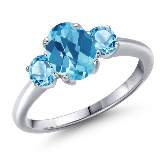 Gem Stone King 2.01 Ct Oval Checkerboard Swiss Blue Topaz 925 Sterling Silver Ring