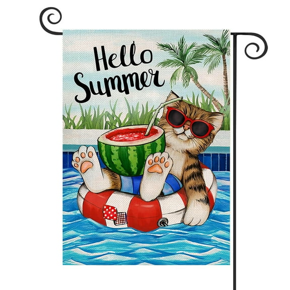 DMERBYL Summer Cat Watermelon Beach Coastal Decorative Garden Flag, Ocean Nautical Yard Outside Decoration Outdoor Small Decor 12x18