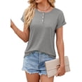 thumbnail image 4 of Hibeli Women's Round Neck Button Down Short Sleeve Solid Color Summer T-Shirt, 4 of 7
