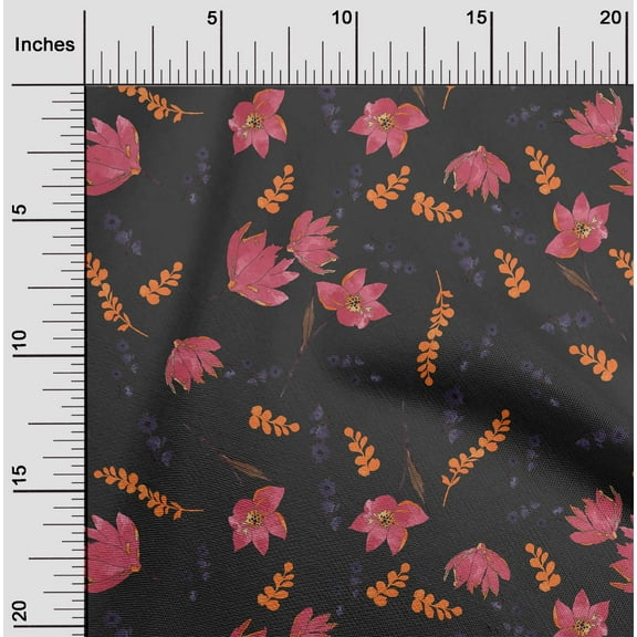 oneOone Polyester Lycra Dark Gray Fabric Leaves & Flower Craft Projects Decor Fabric Printed By The Yard 56 Inch Wide