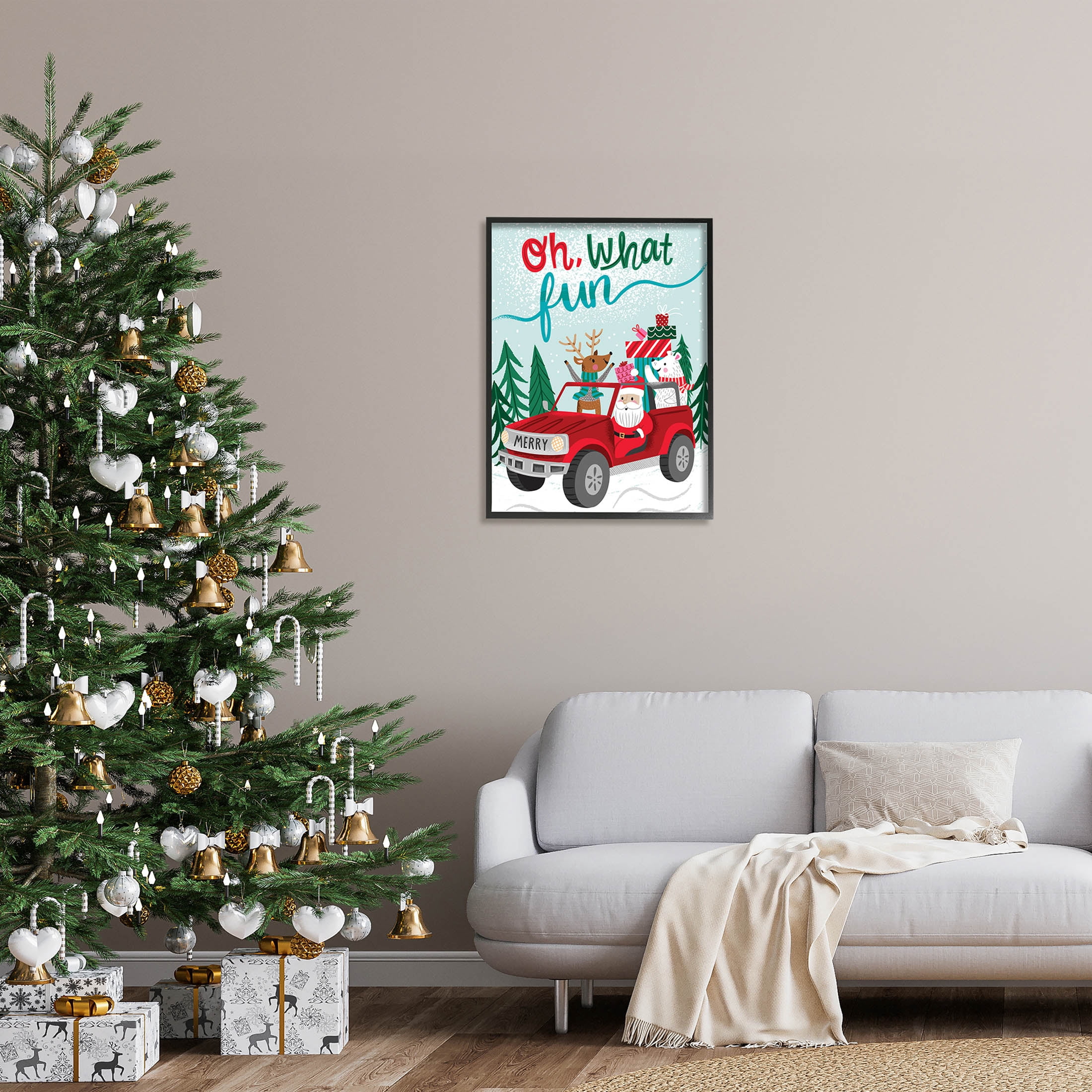 Oh What Fun Santa Driving Gifts Holiday Graphic Art Black Framed Art Print Wall Art