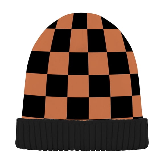 JSTEL Black&orange Checkered Beanie for Women Men Winter Hat Reversible Skull Knit Cap