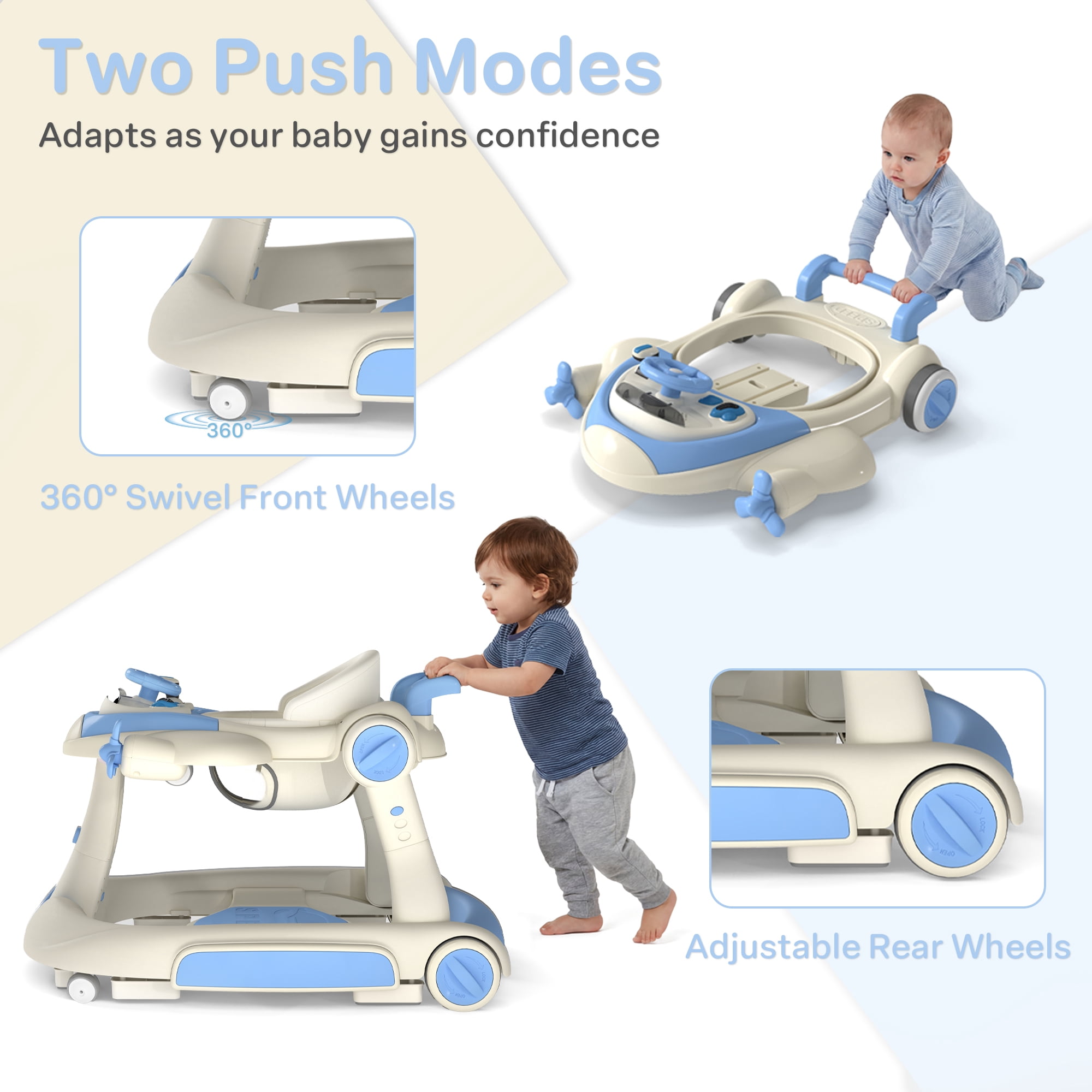 AILEEKISS 5-in-1 Musical Baby Walker with Wheels, Foldable Baby Walker for Boys Girls, Blue