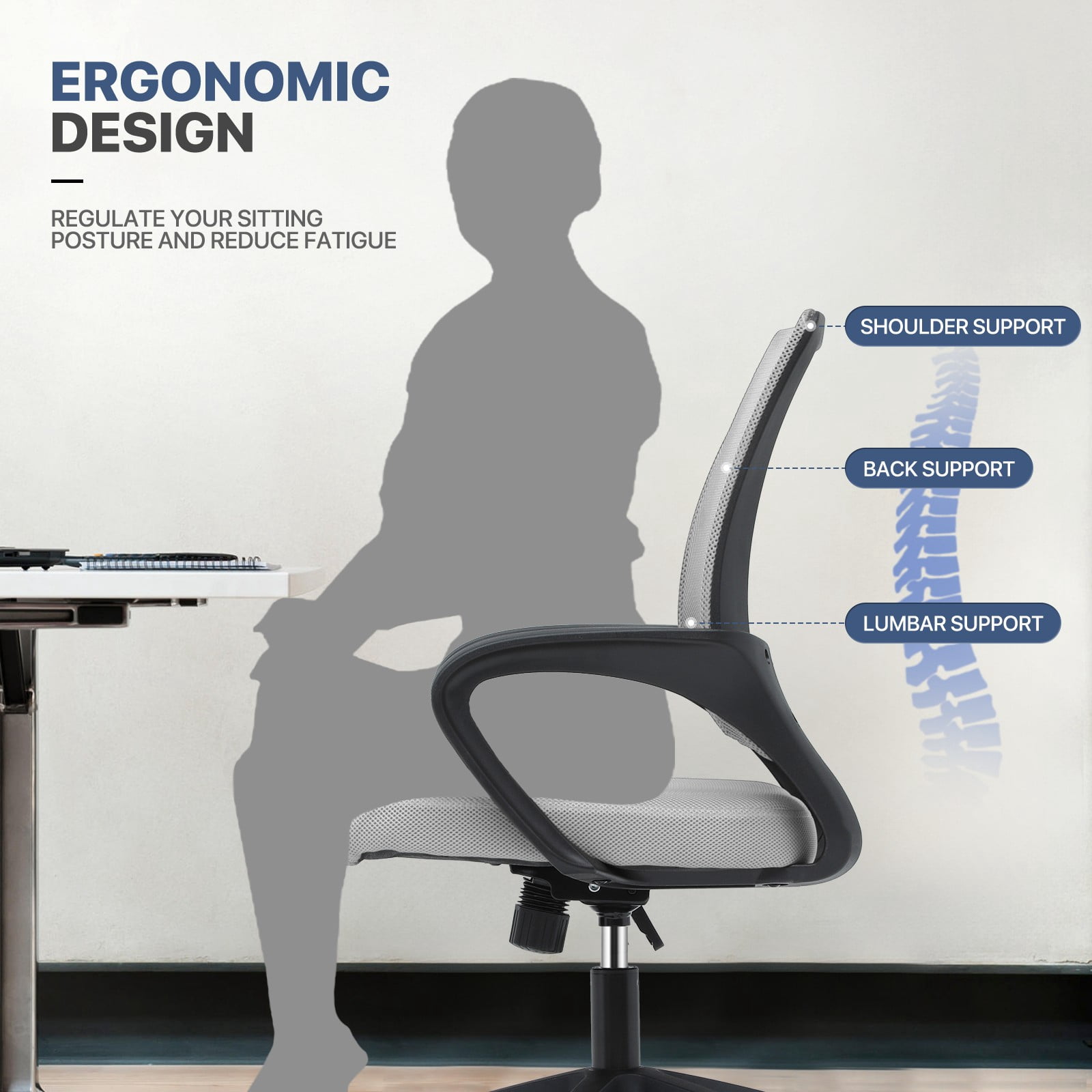MoNiBloom Set of 2 Mid-Back Office Desk Chairs Ergonomic Adjustable Height Mesh Computer Chairs with Lumbar Support, Light Gary