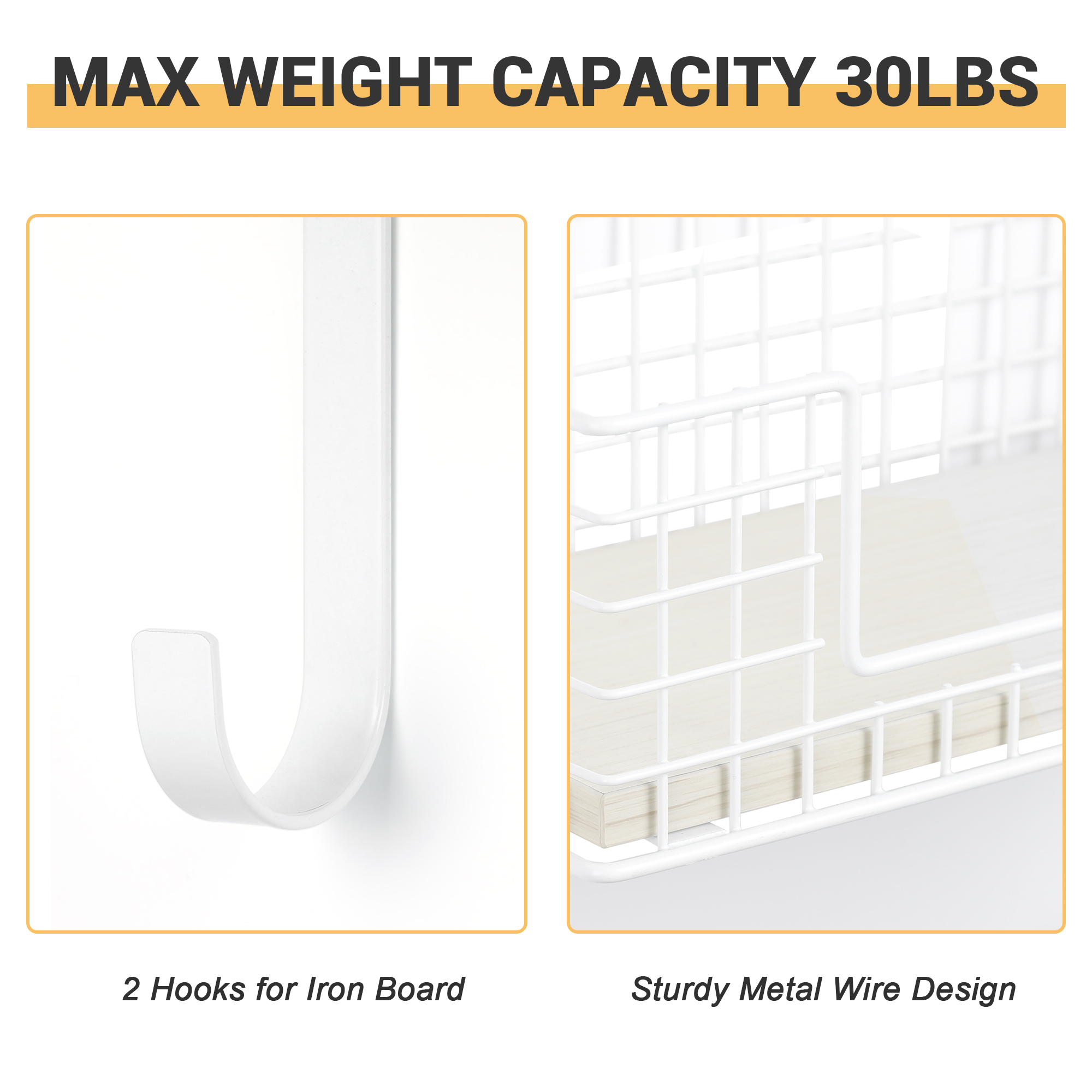 Oumilen Wall Mount Ironing Board Hanger for T-Leg with Storage Basket and Removable Hooks, White