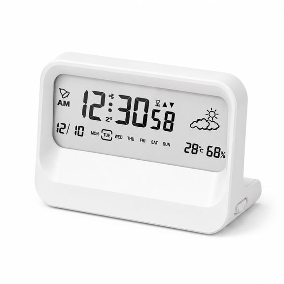 DAYBETTER Digital Alarm Clock, Transparent Bedside Desk Calendar Alarm Clock, Date, Day, Temperature, Weather Display, Timer Function (White)