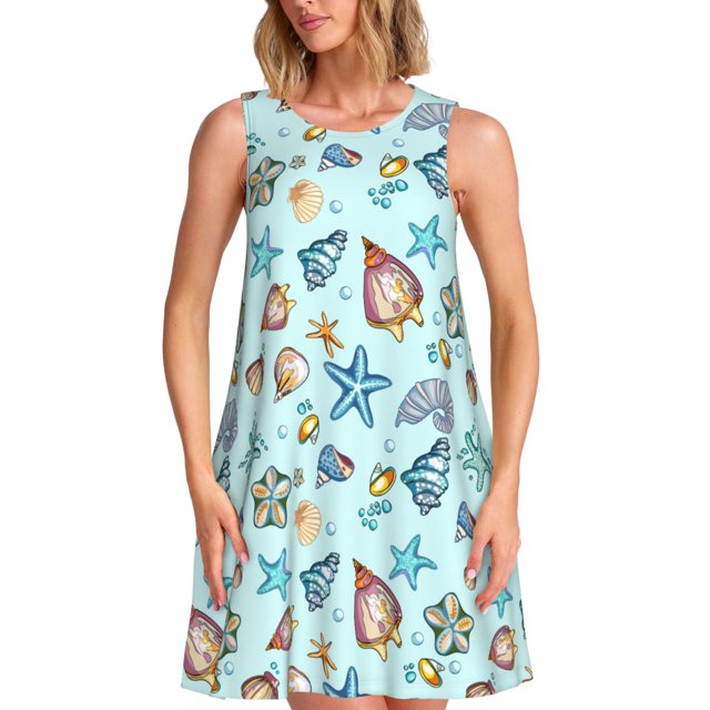 Easygdp Sea Shells 2 para Vestido Transpirable de Mujer, Vestido Suelto de Manga Corta con Pliegues y Bolsillos para el Verano