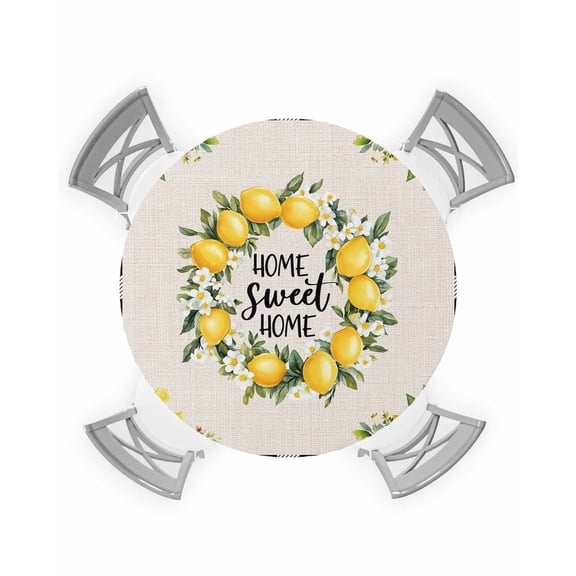 nqOlkjepod Yellow Lemon Round Tablecloth, Fitted Table Cover with Elastic for 55"-60" Round Tables, Farmhouse Black White Buffalo Plaid Table Cloth Outdoor Dinning Party Waterproof Tablecloths