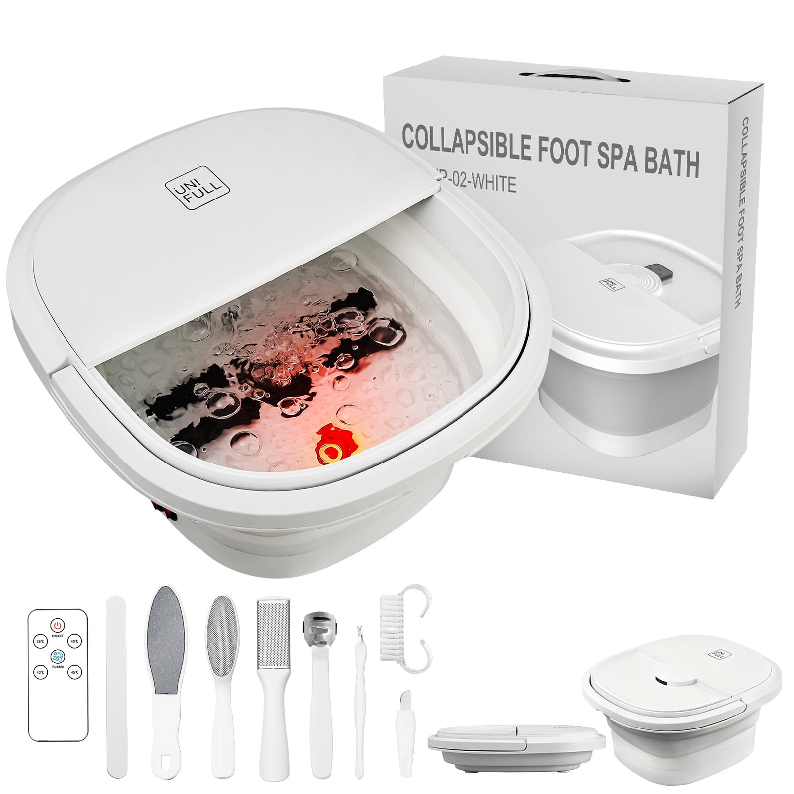 UNIFULL Foot Spa Bath with Heat and Temperature Control, Massager Roller, Bubble, Remote Control, Pedicure Kit, Red Light, Large Heating Foot Bath-White