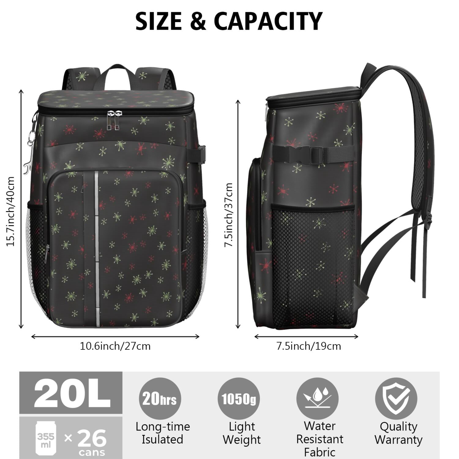Travel Cooler Bag - Black Christmas Star Pattern Camping Beer Cooler Backpack with Bottle Opener- Waterproof Insulated Picnic Backpacks - Cooler Bag for Beach