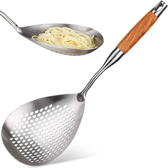 304 Stainless Steel Skimmer Slotted Spoon - Pasta Spider Strainer Ladle Slotted Spoon for Cooking and Frying - Kitchen Metal Slotted Spoon Scoop Colander with Heat Resistant Wooden Handle