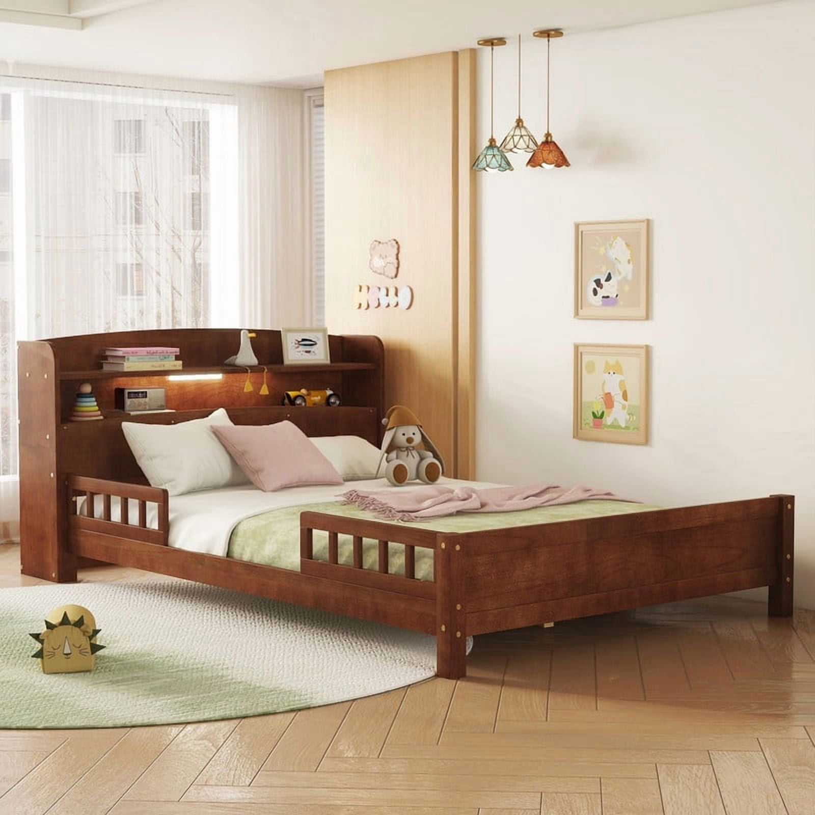 Full Size Bed Frame with Storage , Wood Full Bed with LED Lights and Storage Headboard, Full Size Platform Bed with Slats Support ,No Box Spring Needed, Walnut
