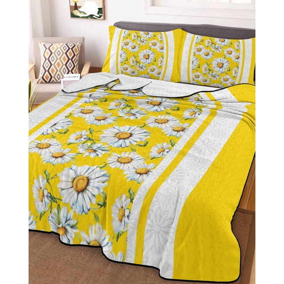Yellow Daisy Queen Size Down Alternative Comforter, Lightweight Comforter Quilt Bedding Set with Pillow Shams Farmhouse Floral Yellow Striped All Seasons Bed Comforter Duvet Insert 90"x96"