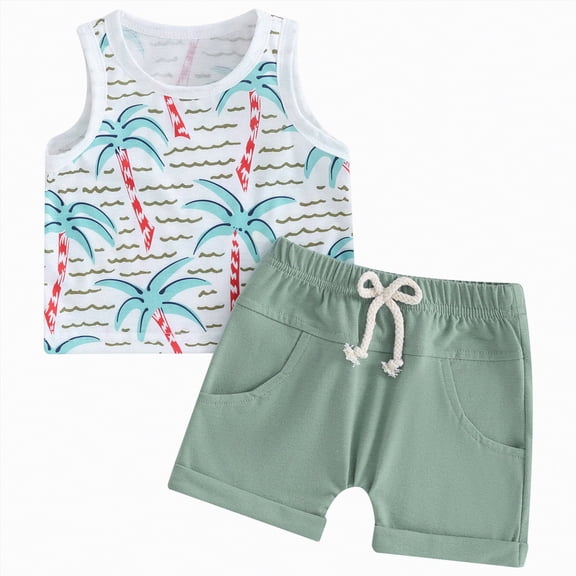 Hessimy Toddler Boy Summer Outfit Clothes Short Sleeve Cartoon Printed Shirt Shorts Set,Printed Cartoon(Green,2-3 Years)