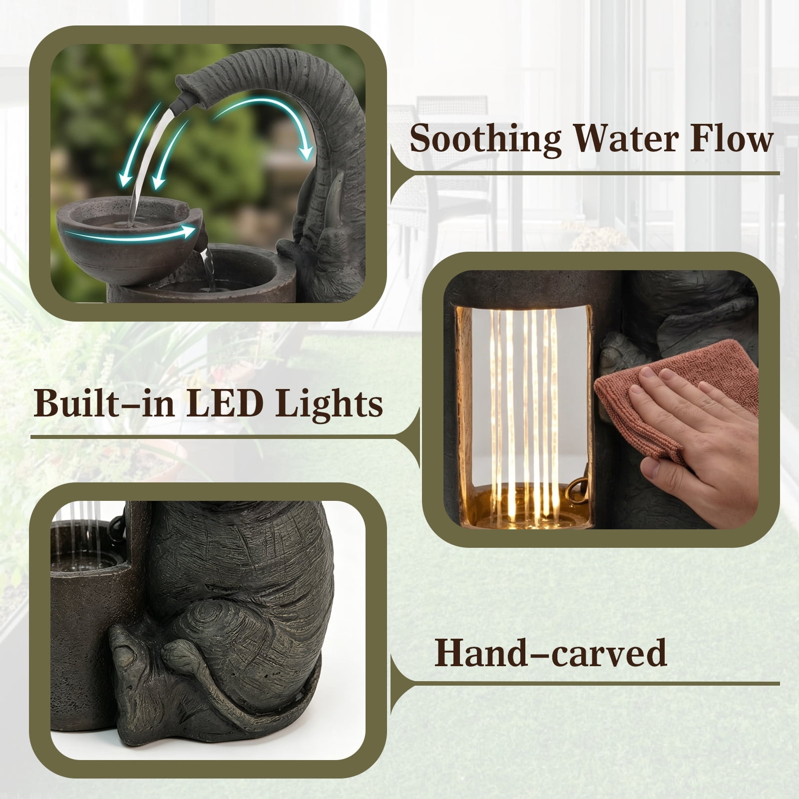 Elephant Waterfall Fountain for Indoor Desktop & Outdoor Use Small Garden Water Feature with LED Light Quiet Mini Cute Table Water Fountains for Patio, Yard, Home Decor