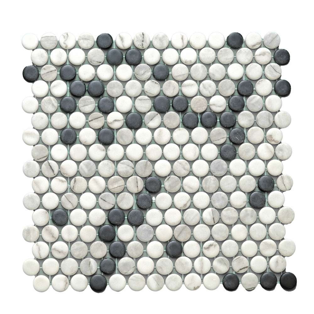 The Tile Life Eterna Penny 4" x 4" Black & White Glass Round Mosaic Tile Sample 1 Piece