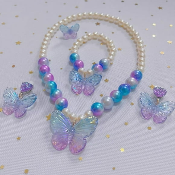 CIMAXIC Birthday 1 Set Mermaid Jewelry Set With Butterfly Necklace Bracelet Earrings And Ring Kids Pretend Play Jewelry For Girls Birthday Dress Up Accessories,7.09"X5.39"X0.39"
