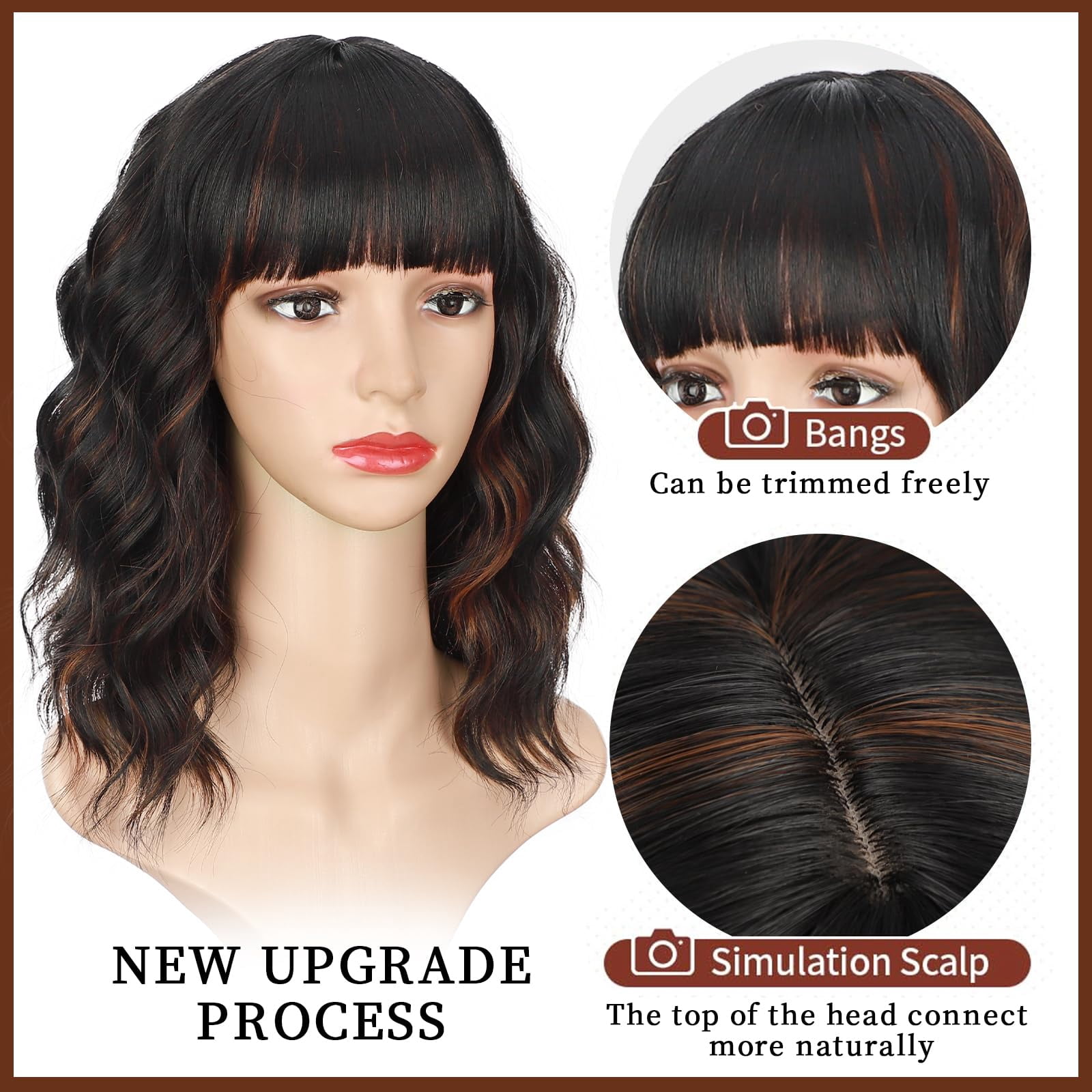 Wig with Bangs Short Bob Wigs for Women Shoulder Length Wavy Curly Wigs Synthetic Fiber Wigs 14 Inches for Daily Party Use