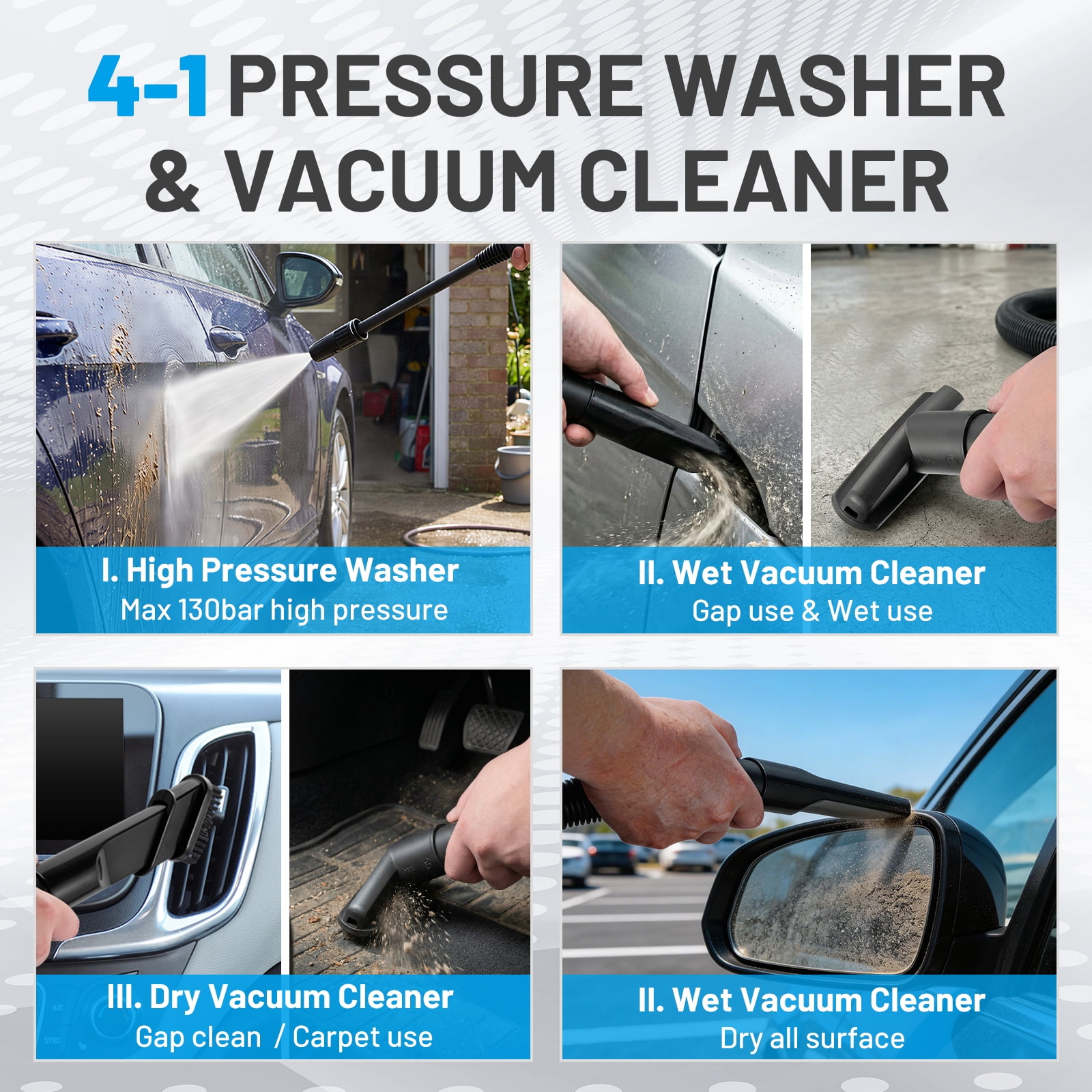 SPBTAR 4-1 Pressure Washer, 2800PSI 1.7GPM High Pressure Cleaner with Vacuum Cleaner,0° -180° Swivel Joint & Soap Tank for Car/Fences/Driveway/Home/Patio Cleaning