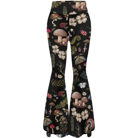 SONXAHE Forest Botanical Print Flare Pants for Women High-Rise Cut Bohemian Daily Party Trousers