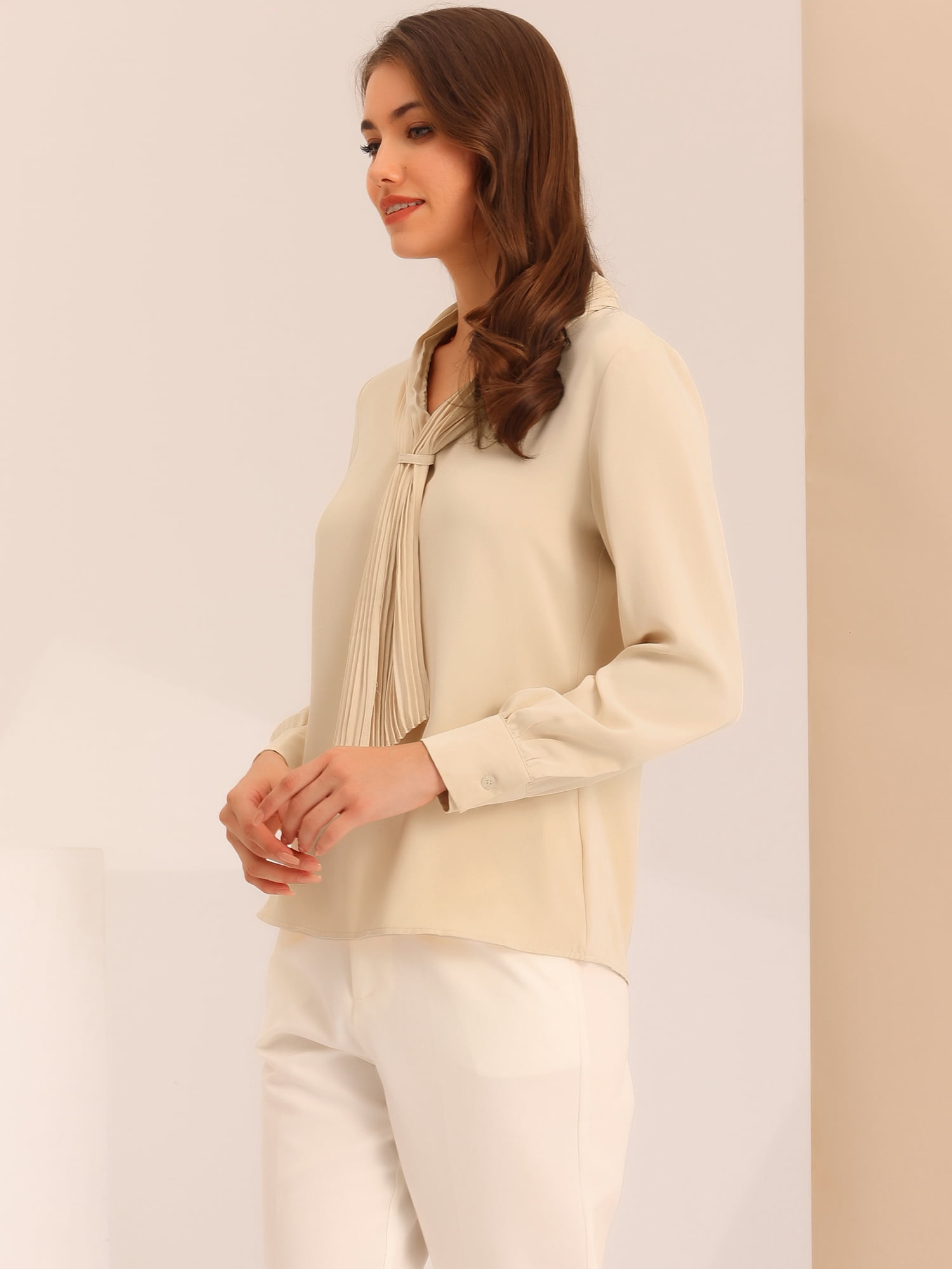 DARING DIVA Work Office Blouse Pleated Top Shirt S Beige