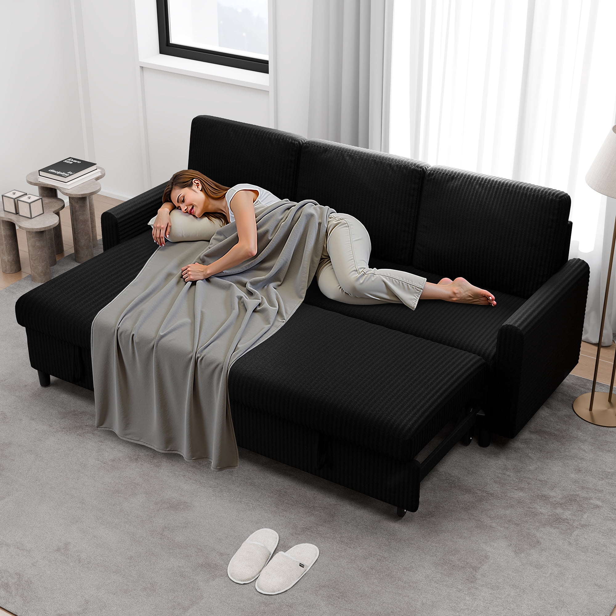 Walsunny Pull Out Sectional Sleeper Sofa Bed L Shape Couches with Reversible Storage Chaise for Living Rooms Small Rooms Apartment,Black