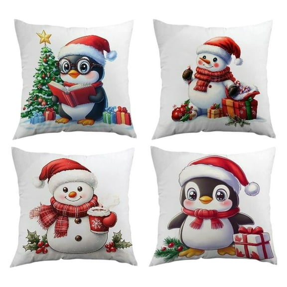 TanSiDing 4pcs Festive Christmas Pillow Set - Cozy Holiday Decor with Cute Penguin & Snowman Designs - Linen Throw Pillows for Living Room Sofa Bedroom Decorations