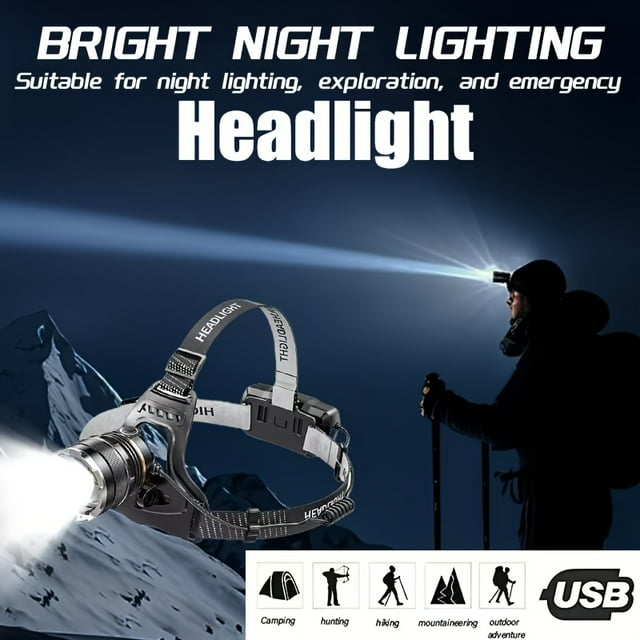 linterna led recargable usb para exteriores con sensor de encendido automático, 3 modos de luz y haz de ángulo amplio - lámpara de cabeza resistente compatible para camping, senderismo primer plano de lámpara de cabeza gris con correa ajustable, lente ancha, interruptor lateral y puerto USB; fondo nocturno con silueta de montañista y iconos de actividades al aire libre; batería recargable 2400mAh indicada.