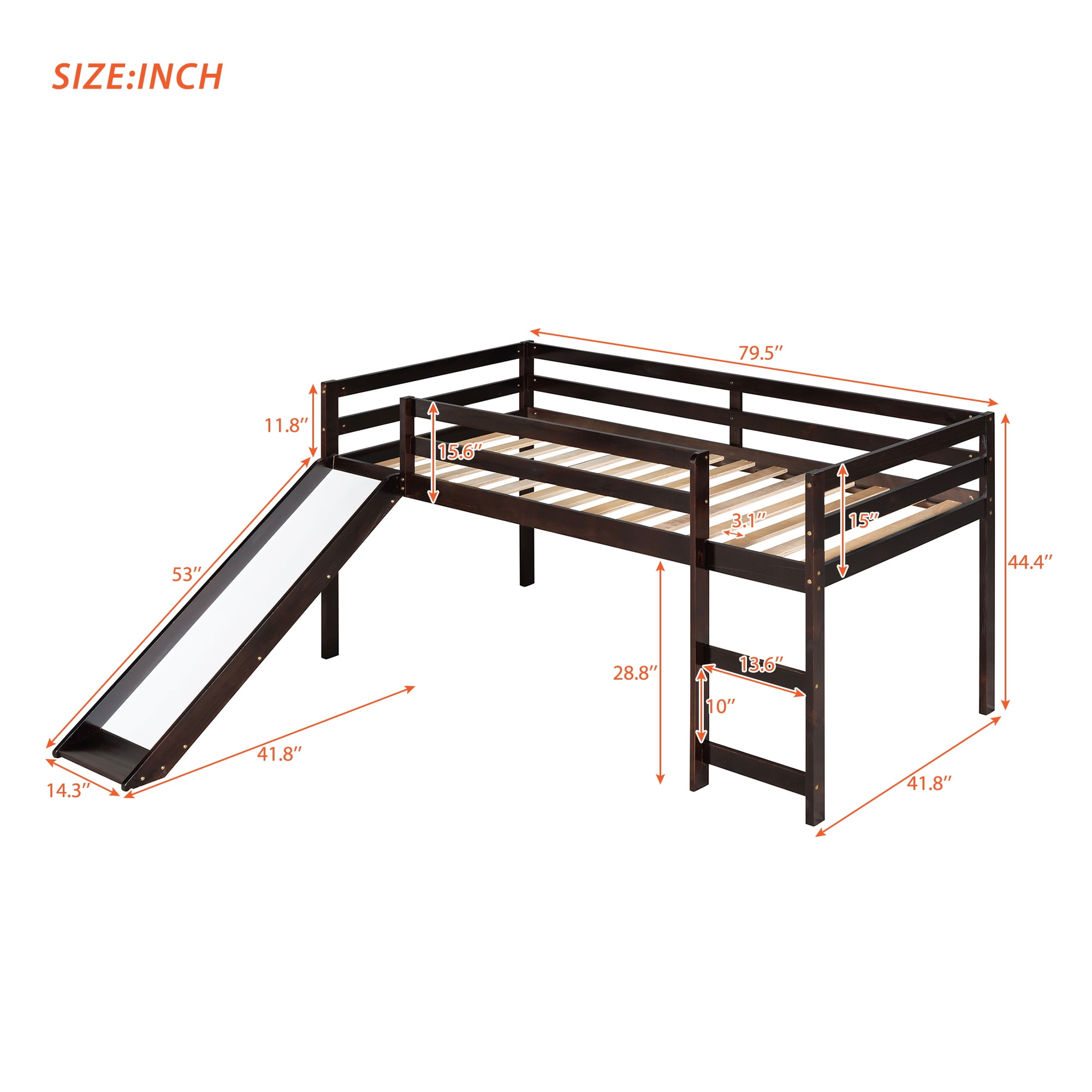 Aukfa Low Loft Bed with Slide, Wooden Twin Loft Bed for Kids Teens - Espresso