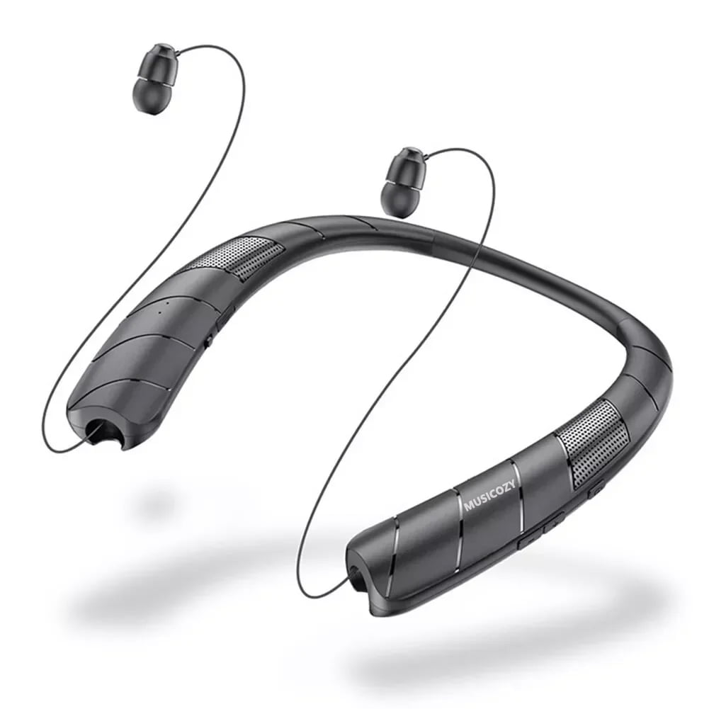 Bluetooth Headphones Speaker 2 in 1,Neckband Bluetooth Headphones with Retractable Earbuds,3D Stereo Sound CVC 8.0 Noise Cancelling Personal Sport Sweatproof Speaker (Black)
