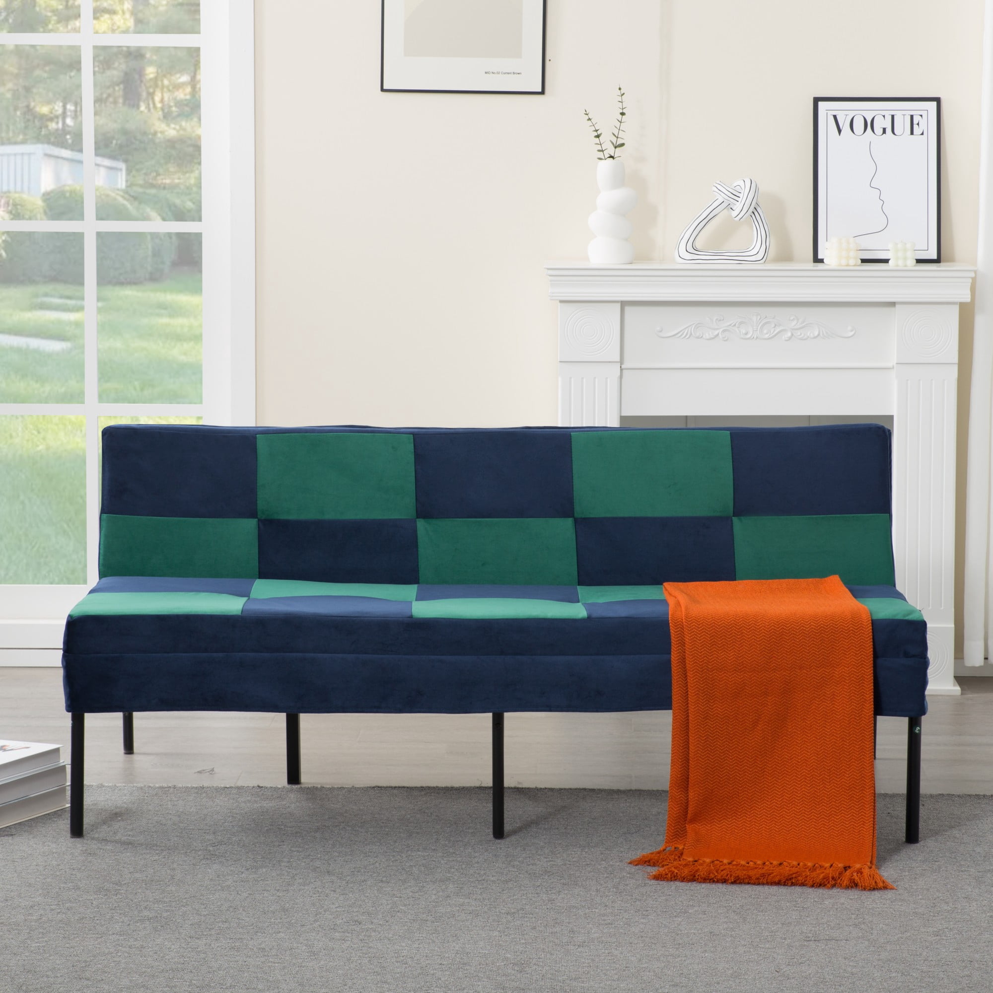 DEALTOPS 63" Checkered Velvet Futon, 2-in-1 Dual-Tone Convertible Sleeper Sofa with 5-Position Recline, Blue