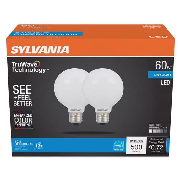 Osram Sylvania 3005207 60W G25 E26 Dimmable LED Bulb - Pack of 2