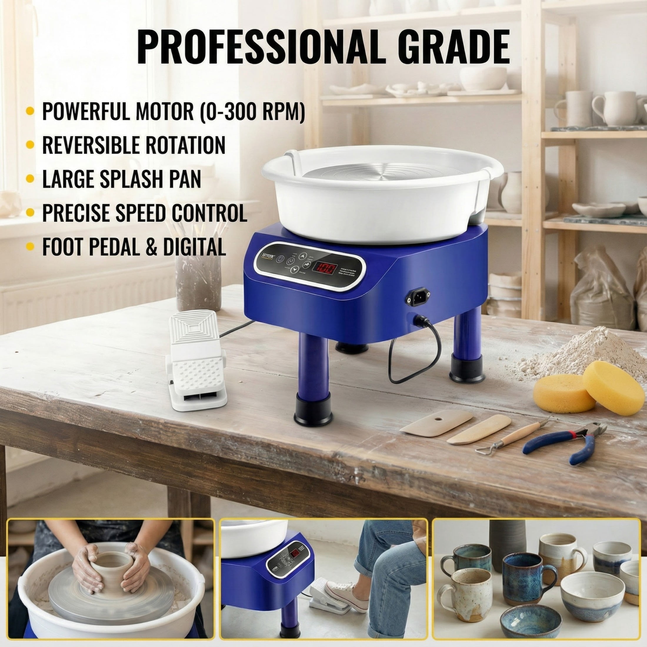 10" 350W Direct Drive Pottery Wheel, Foot Pedal & LCD Touch Screen, with 3-Leg Base for DIY Ceramics