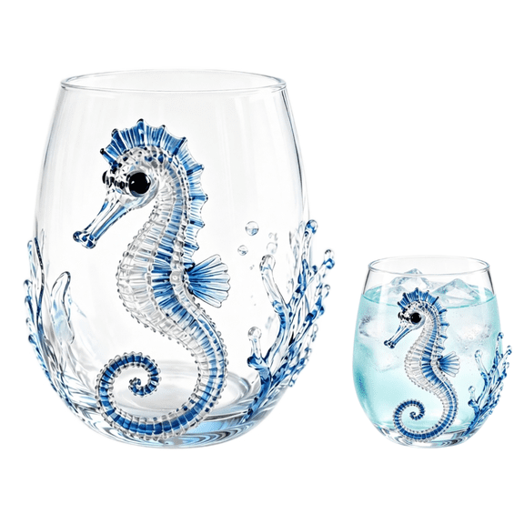 Artisanal Blue Ringed Octopus Glassware, Octopuss Drinking Glass 3D Stemless Wine Glasses, Handcrafted Novelty Marine Animal Bar Glass,Jellyfish Seahorse for Coastal Home Ocean Decor(Seahorse)