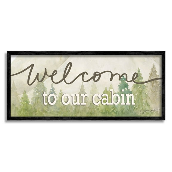 Welcome To Our Cabin Tree Sign Typography Graphic Art Black Framed Art Print Wall Art