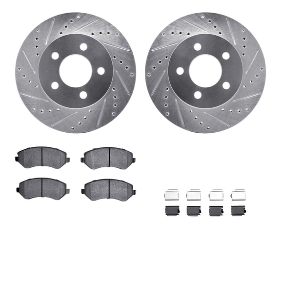 Dynamic Friction Company Front Brake Rotors-Drilled and Slotted-Silver with 5000 Advanced Brake Pads includes Hardware 7512-42021