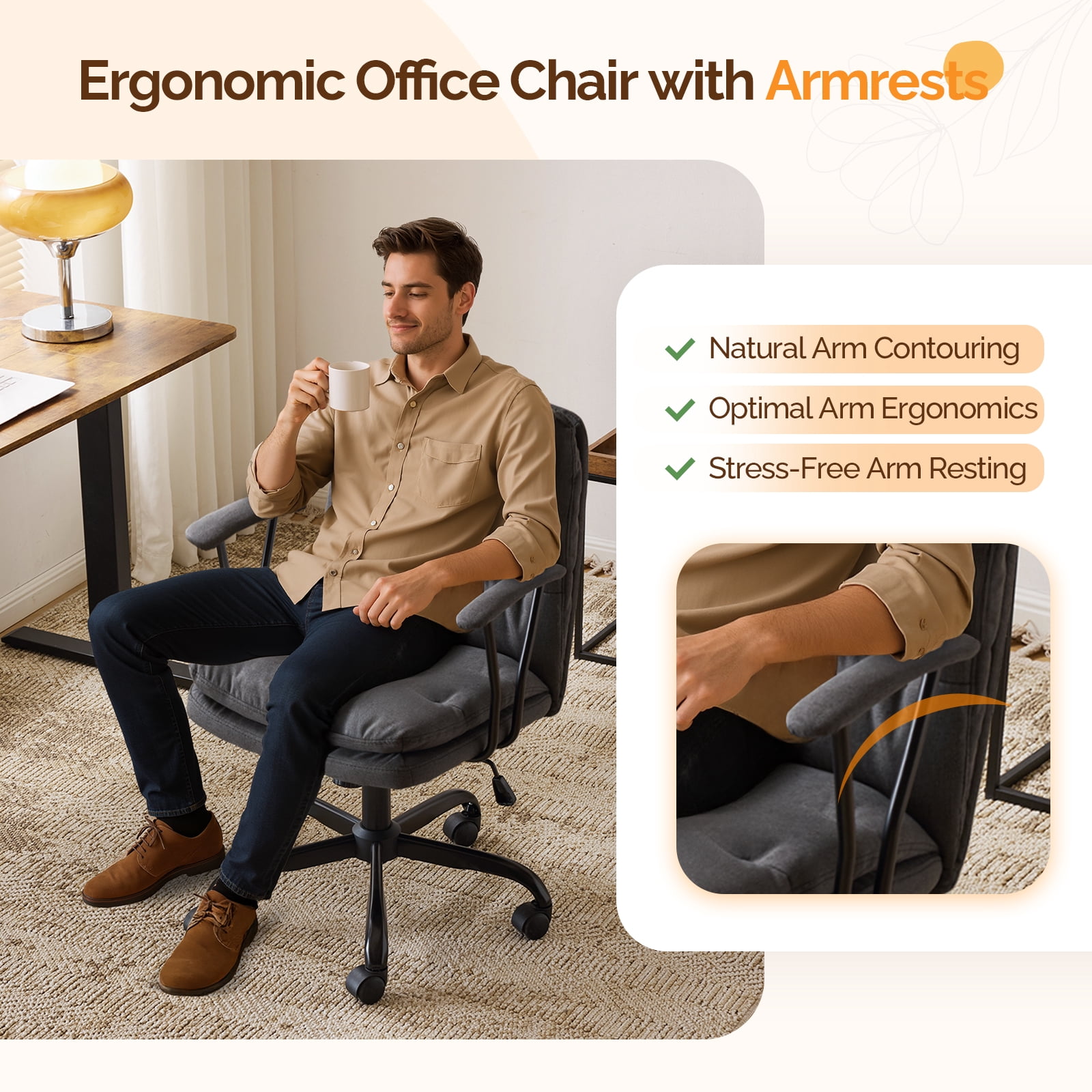 Ktaxon Office Chair with Armrests, Linen Fabric Desk Chair with Wheels, Swivel Task Chair for Study Room or Dressing Vanity Area Dark Gray
