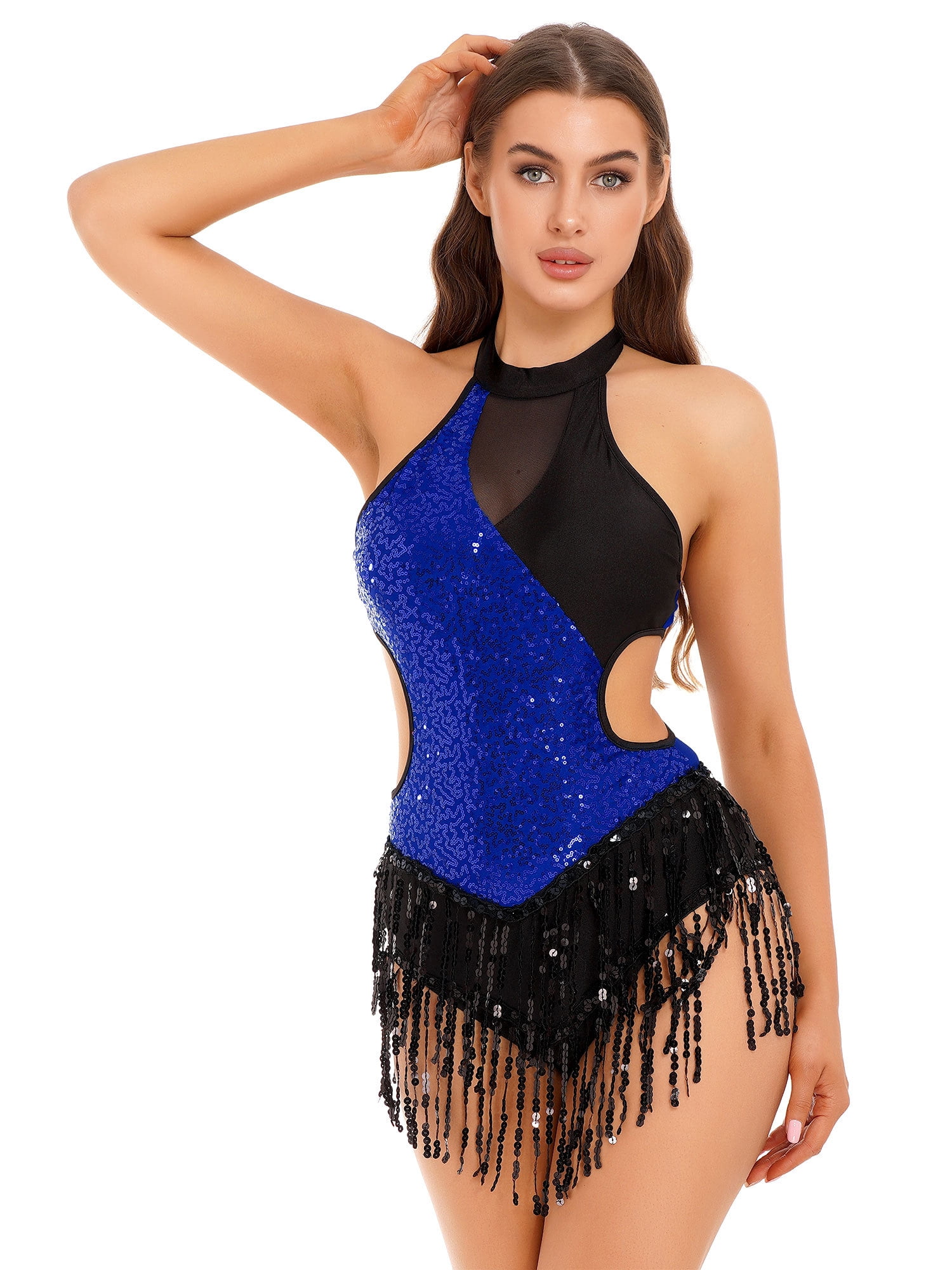 Womens Modern Dance Costume Sleeveless Sequin Tassel Latin