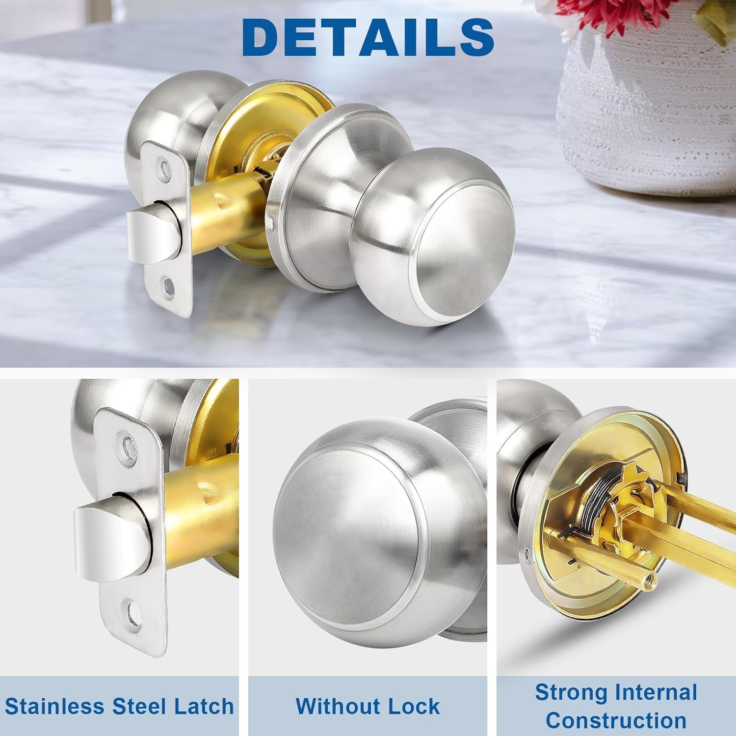 Brushed Nickel Door Knob, 6 Pack Round Keyless Doorknobs Interior/Exterior Lockset, Passage Locking Door Knobs for Bedroom/Bathroom, Modern Design Door Hardware